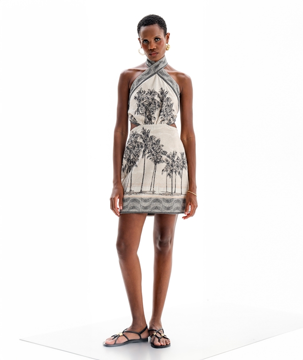 sand-black-cotton-jacquard-cut-out-echo-mini-halter-dress-normal Lace μίνι halter neck φόρεμα - Image 1