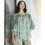 Μεταξωτή μπλούζα με μανίκια εμπριμέ teal