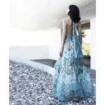 Εξώπλατο εμπριμέ μεταξωτό φόρεμα γαλάζιο teal