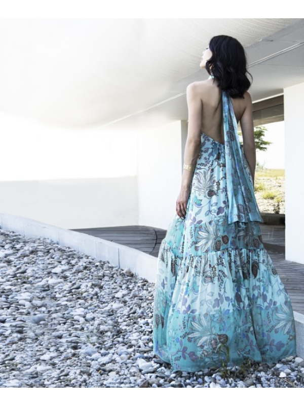 Εξώπλατο εμπριμέ μεταξωτό φόρεμα γαλάζιο teal