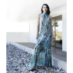 Εξώπλατο εμπριμέ μεταξωτό φόρεμα γαλάζιο teal - Image 2