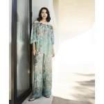 Εμπριμέ μεταξωτό  παντελόνι πράσινο teal - Image 4
