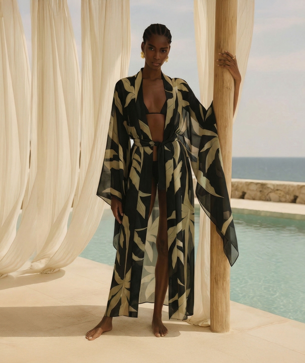 black-printed-silk-zephira-belted-kimono-normal LACE μαύρο εμπριμέ μεταξωτό κιμονό με ζώνη - Image 1