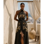 LACE μαύρο λινό μάξι σεμιζιέ φόρεμα με κέντημα