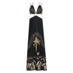 LACE Μαύρο λινό cut-out μάξι φόρεμα με κέντημα